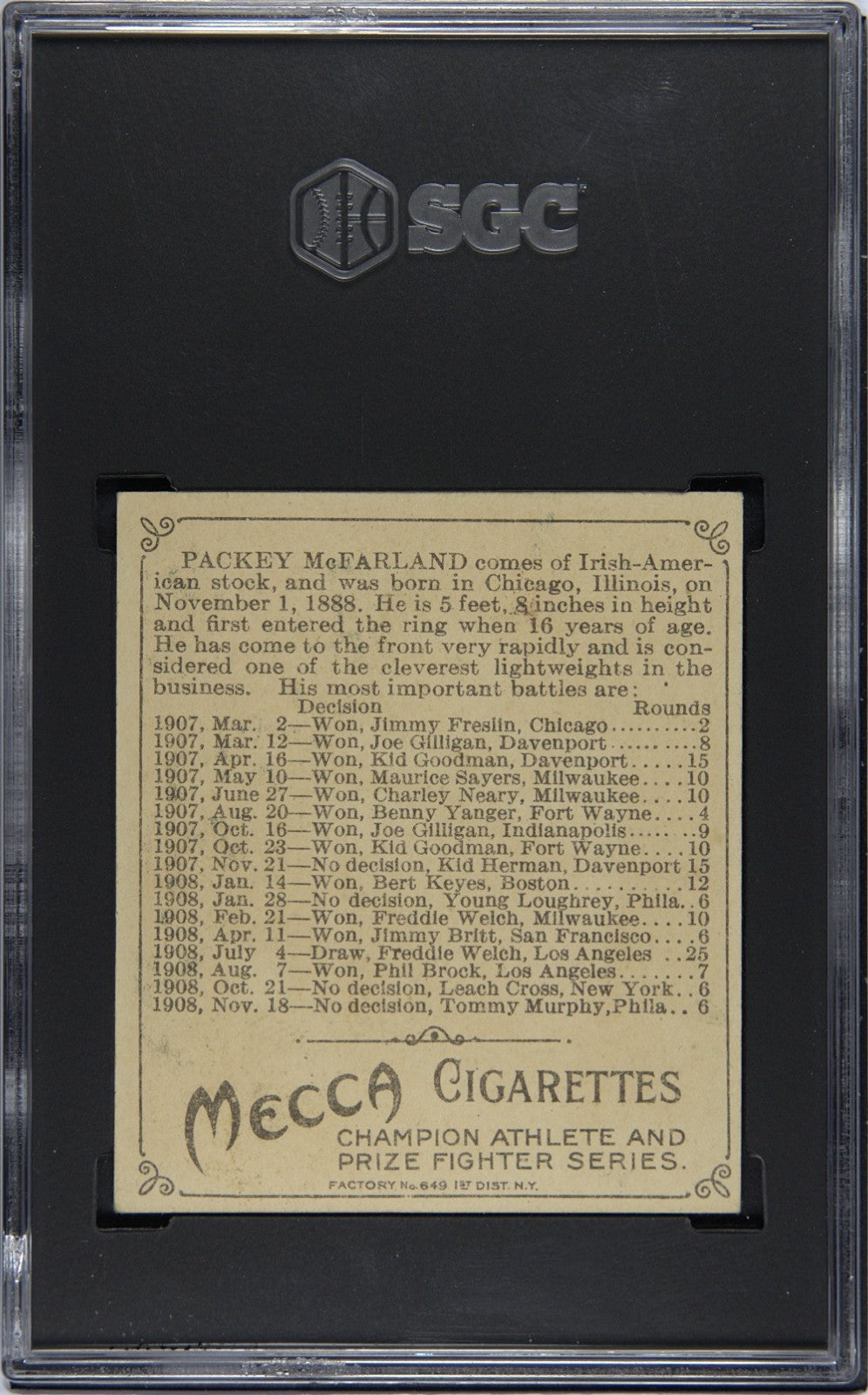 1910 T218 MECCA Champion Prize Fighters (SGC 6 EX/MT) Packey McFarland1
