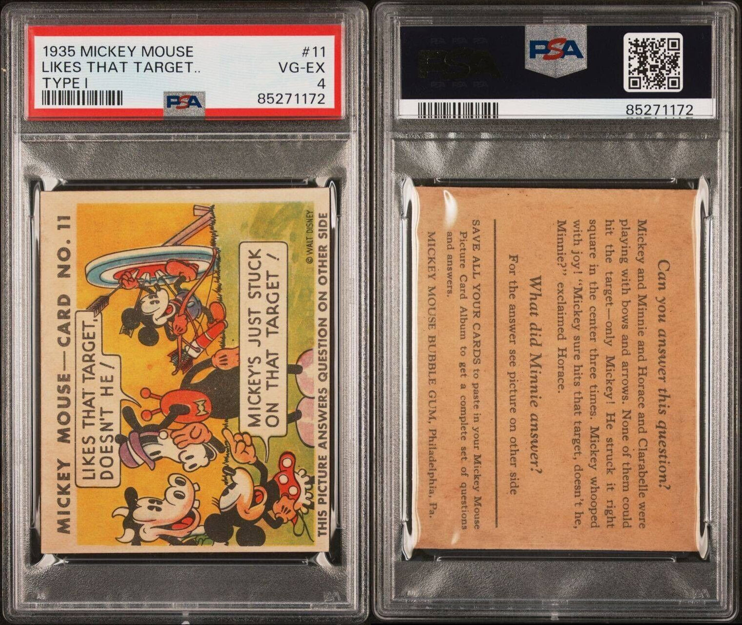 1935 Mickey Mouse Gum Card #11 Type I "Likes That Target" (PSA 4 VG/EX)