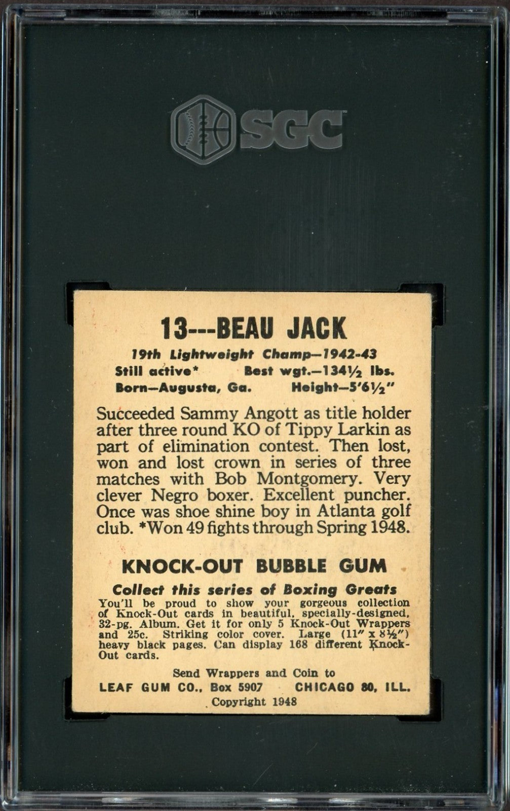 1948 Leaf KnockOut Bubble Gum Boxing #13 (SGC 5 EX) Beau Jack1
