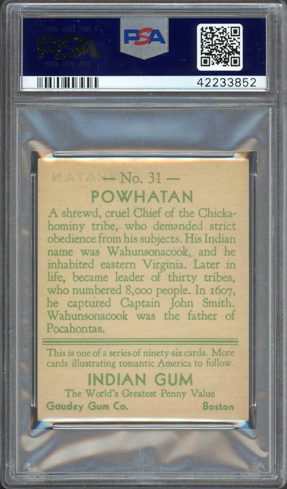 1933 Goudey INDIAN GUM (Series of 96) #31 Powhatan (PSA 5 EX)