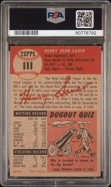 1953 Topps #111 Hank Sauer (PSA 6 EX/MT) Chicago Cubs1