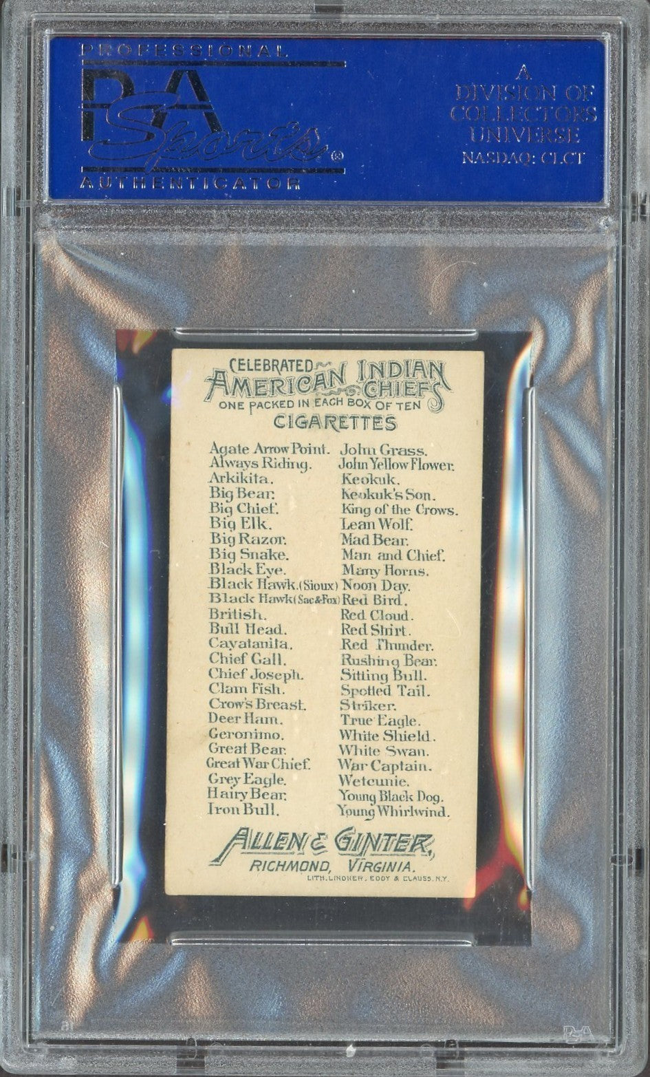 1888 N2 Allen & Ginter American Indian Chiefs KING OF THE CROWS (PSA 5 EX)1