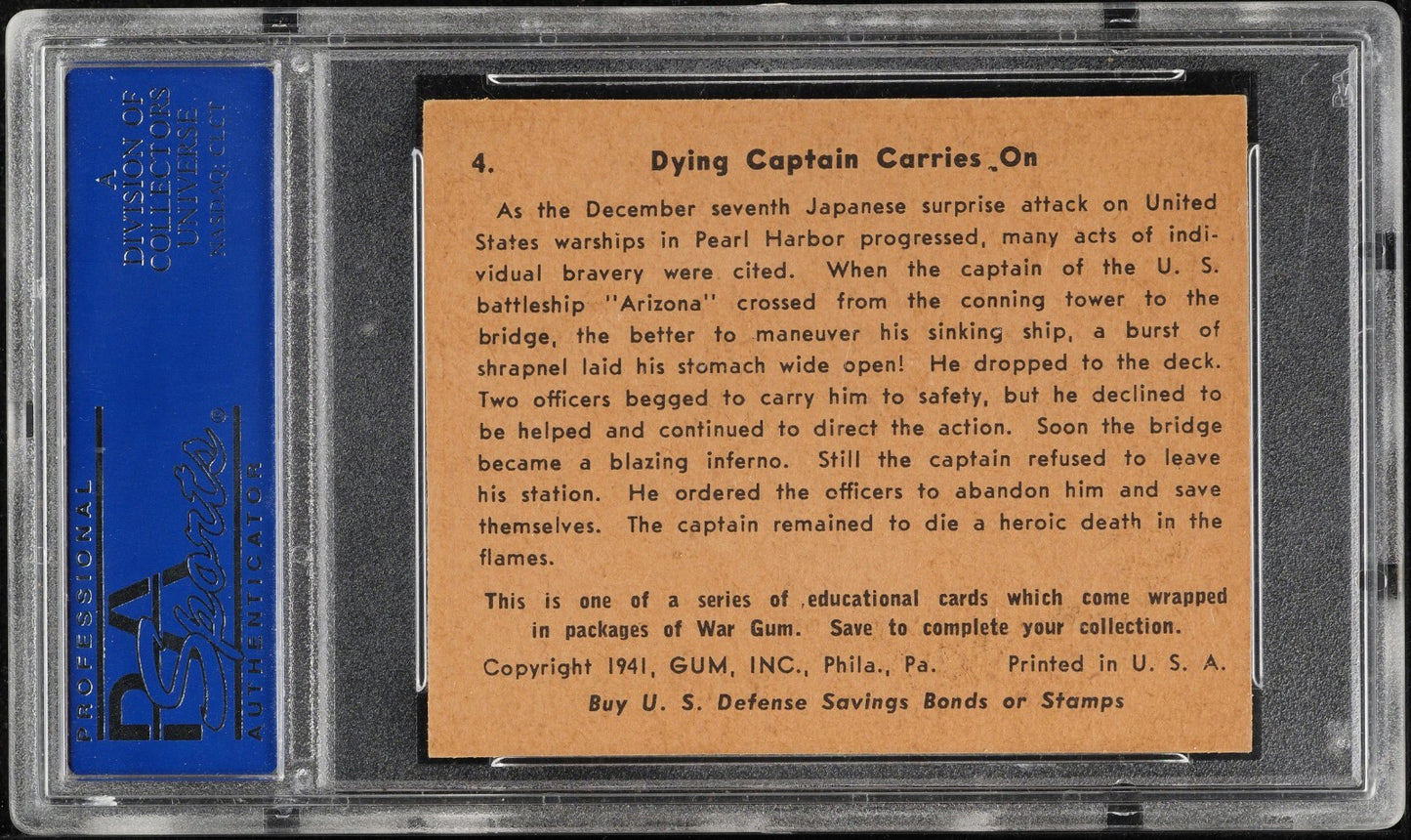 1941 Gum, Inc. R164 War Gum #4 "Dying Captain Carries On" (PSA 8 NM/M)1