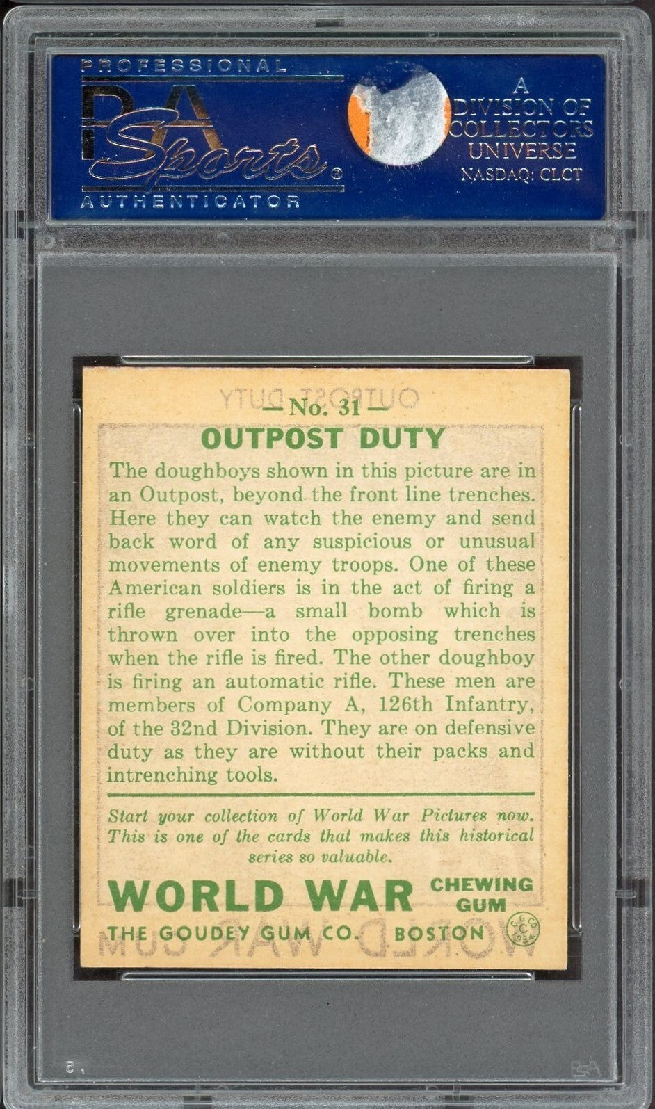 1933 Goudey 'World War Gum' Card #31 "Outpost Duty" (PSA 7 NM) WWI (None Higher)1