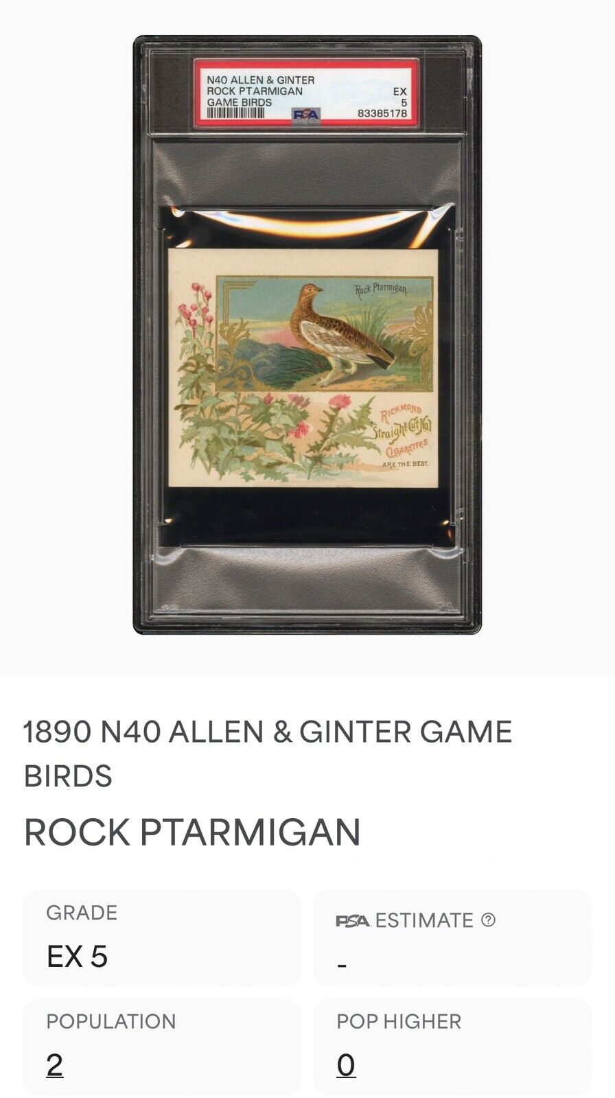 1890 N40 ALLEN & GINTER GAME BIRDS (PSA 5 EX) Rock Ptarmigan