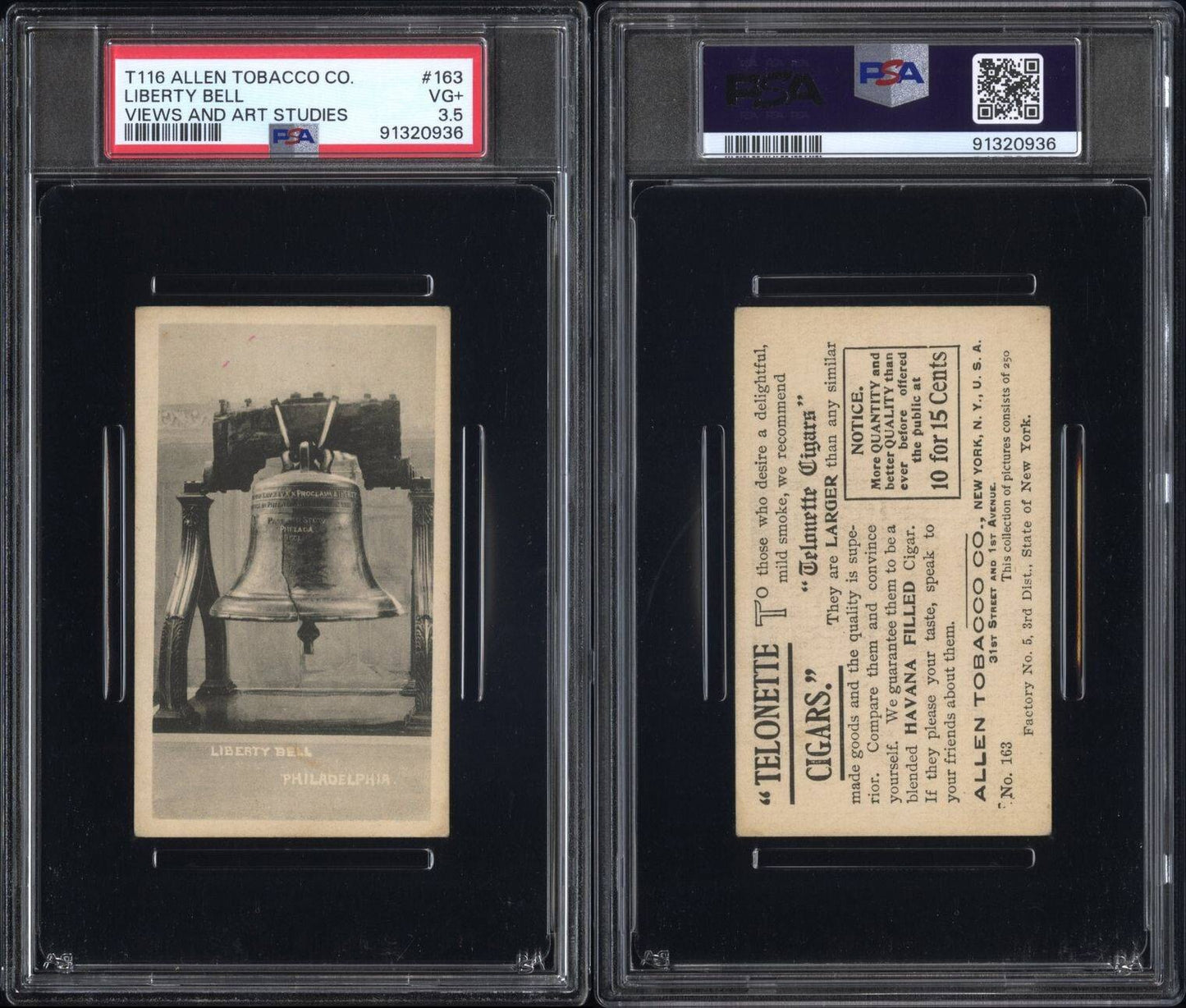 1903 T116 Allen Tobacco Telonette Cigars #163 LIBERTY BELL (PSA 3.5 VG+) 1/13