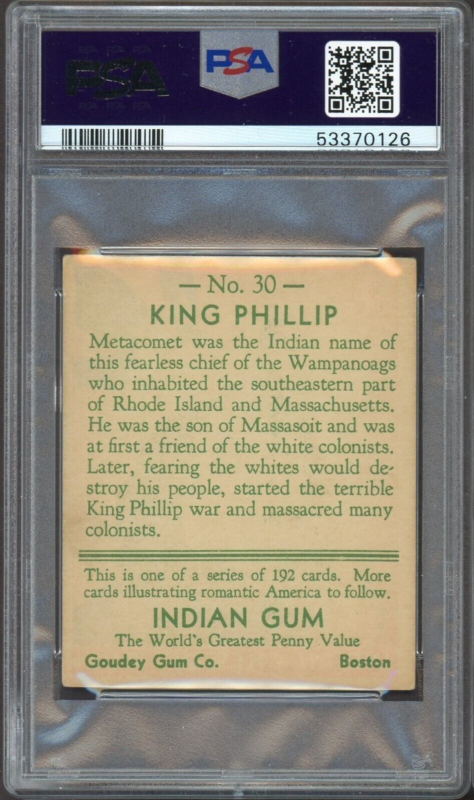 1933 Goudey INDIAN GUM (Series of 192) #30 King Phillip (PSA 5 EX)