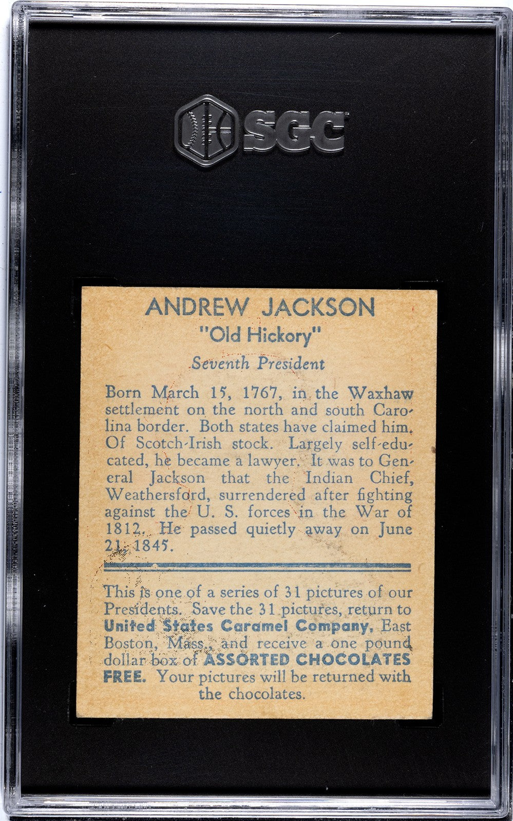 1932 U.S. Caramel Presidents Andrew Jackson RED (SGC 7 NM) High Grade Rarity!1