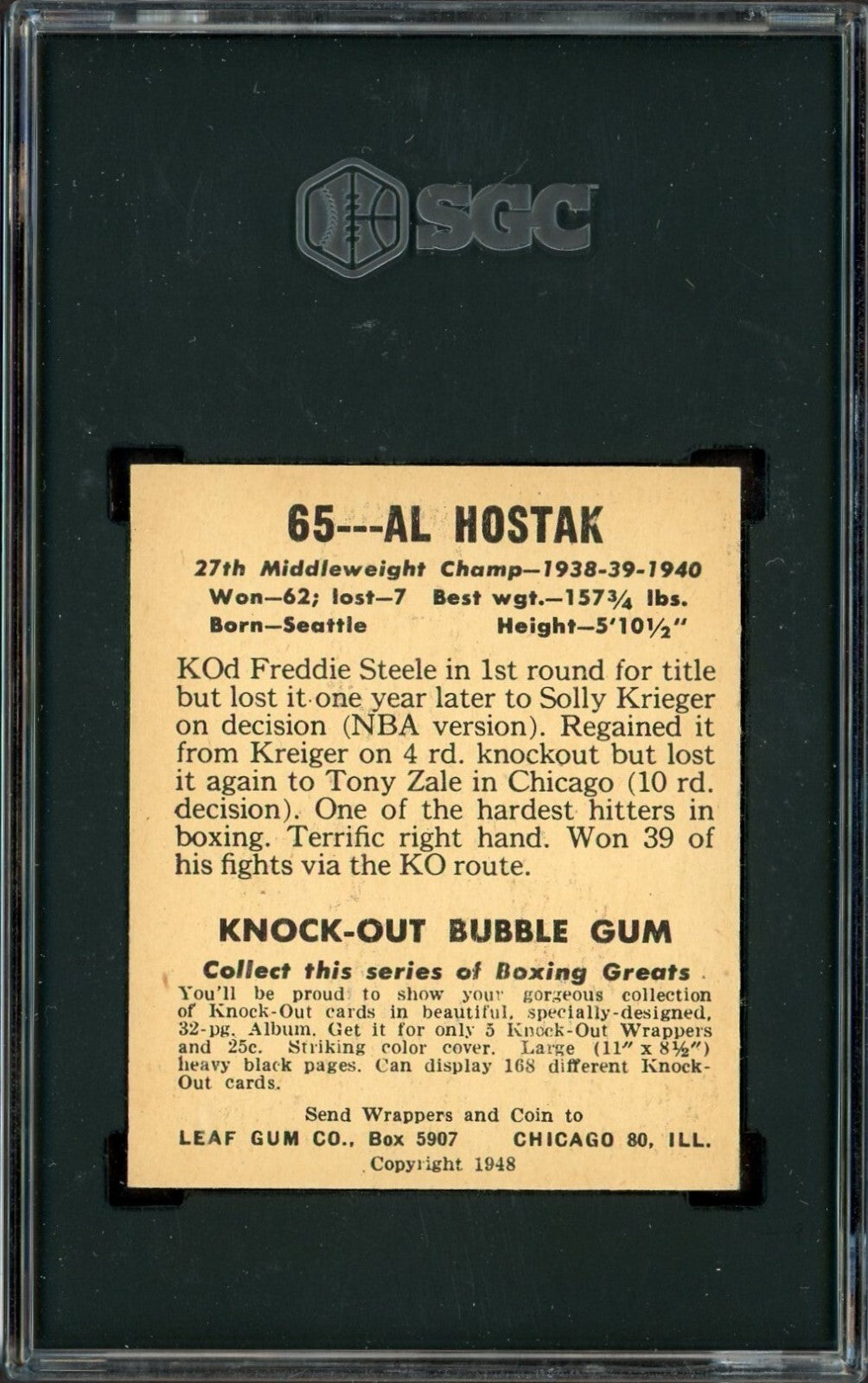 1948 Leaf KnockOut Bubble Gum Boxing Card #65 Al Hostak (SGC 7 NM)1