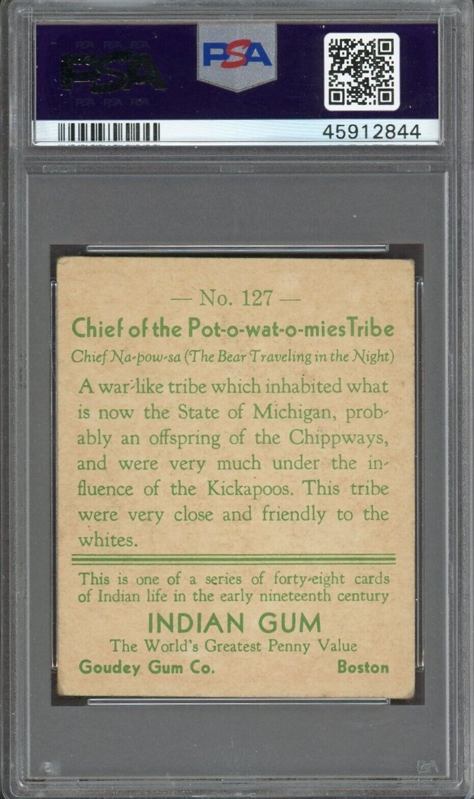 1933 Goudey Indian Gum (Series of 48) #127 Pot-O-Wat-O-Mies Tribe (PSA 4 VG/EX)