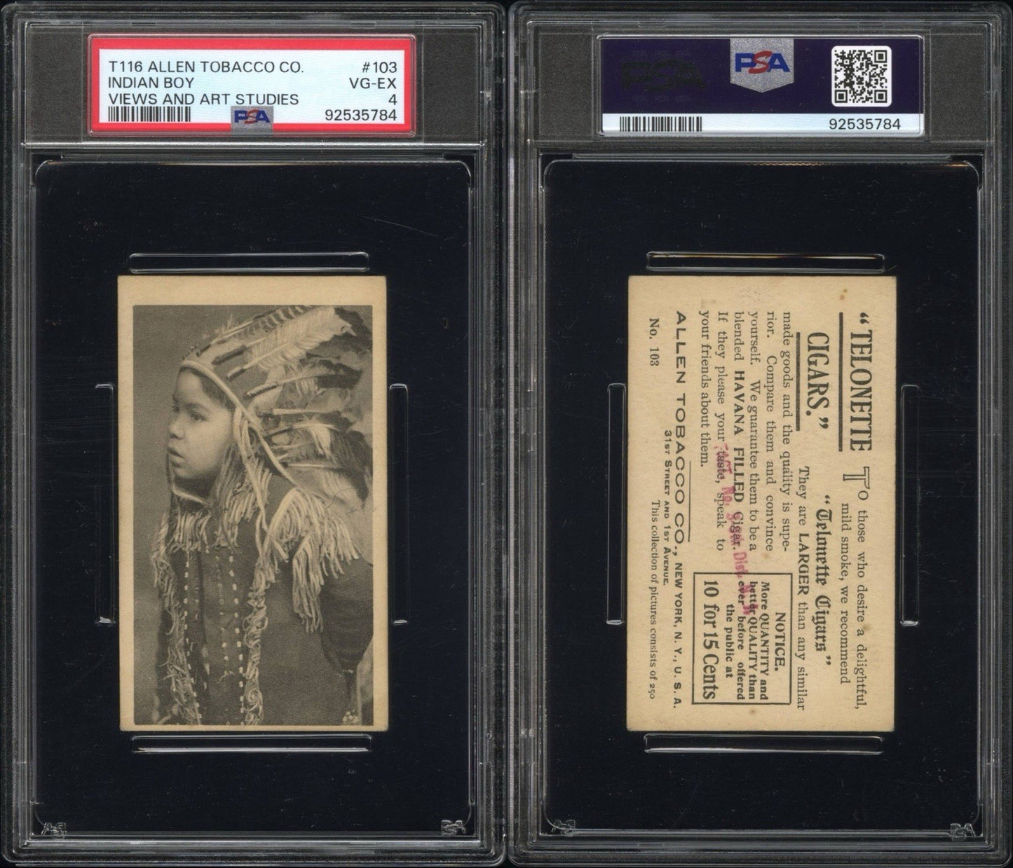 1903 T116 Allen Tobacco Telonette Cigars #103 (PSA 4 VGEX) Indian Boy2