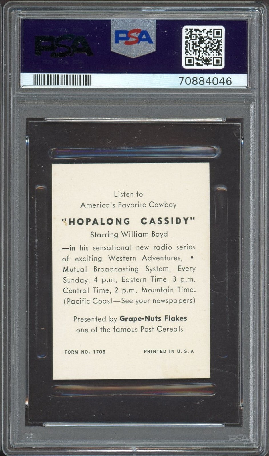 1951 HOPALONG CASSIDY ADVERTISING TRADING CARD (PSA 5 EX) Post Cereal RADIO1