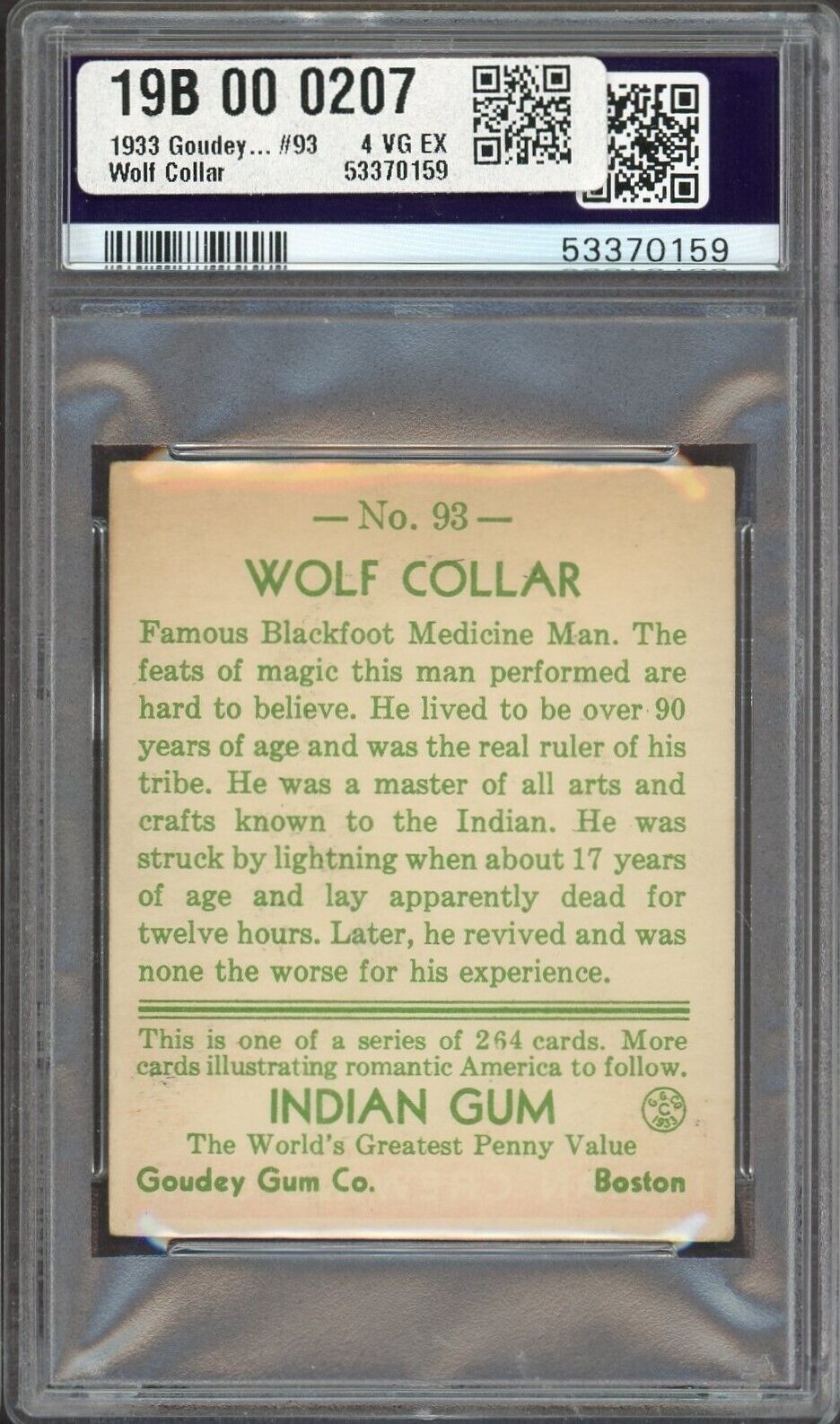1933 Goudey Indian Gum (Series of 264) #93 Wolf Collar (PSA 4 VG/EX)