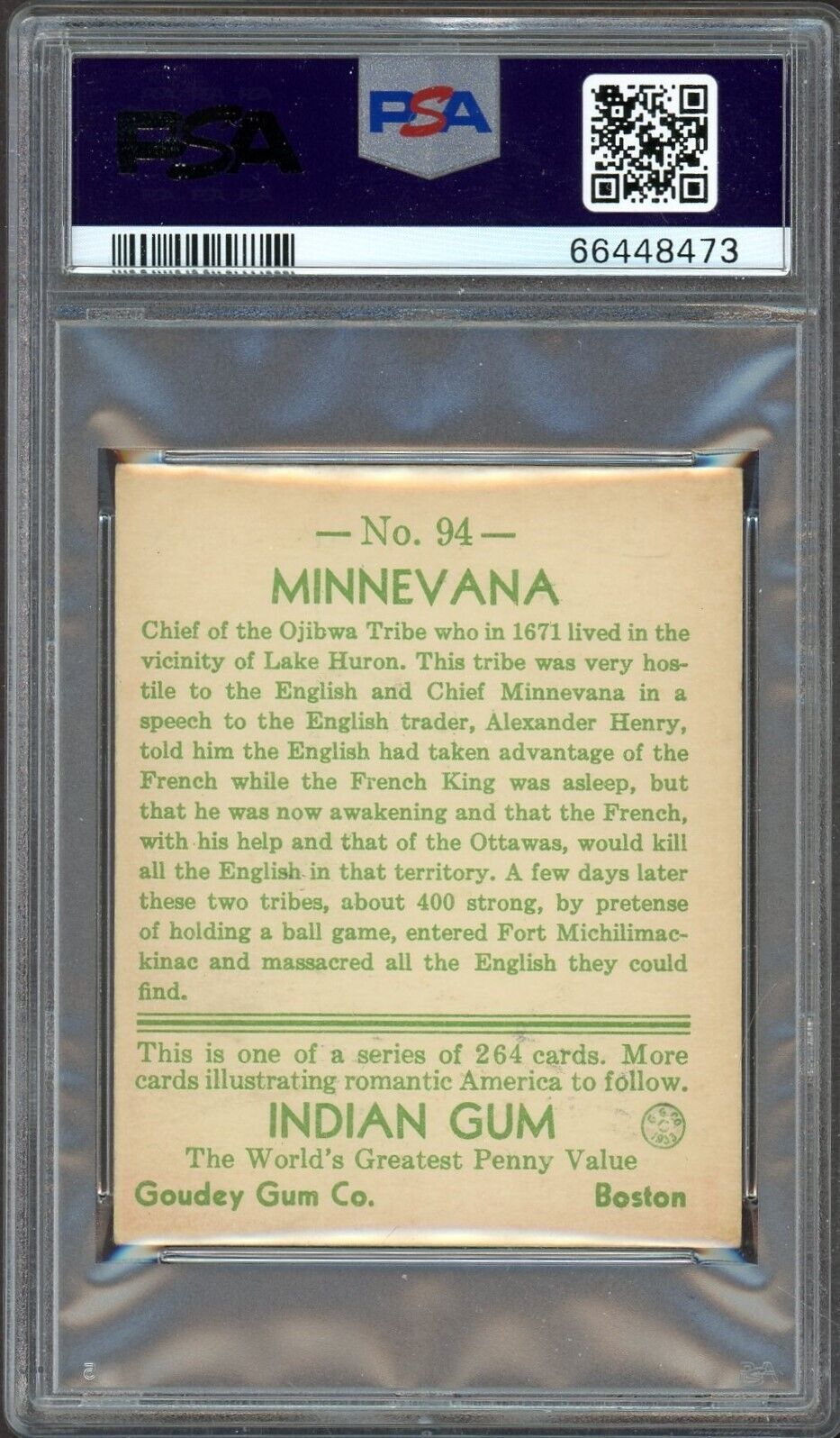 1933 Goudey Indian Gum (Series 264) #94 Minnevana (PSA 6 EX/MT)