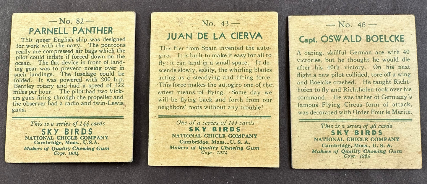 Lot of Three 1933/34 National Chicle Co “Sky Birds” Cards