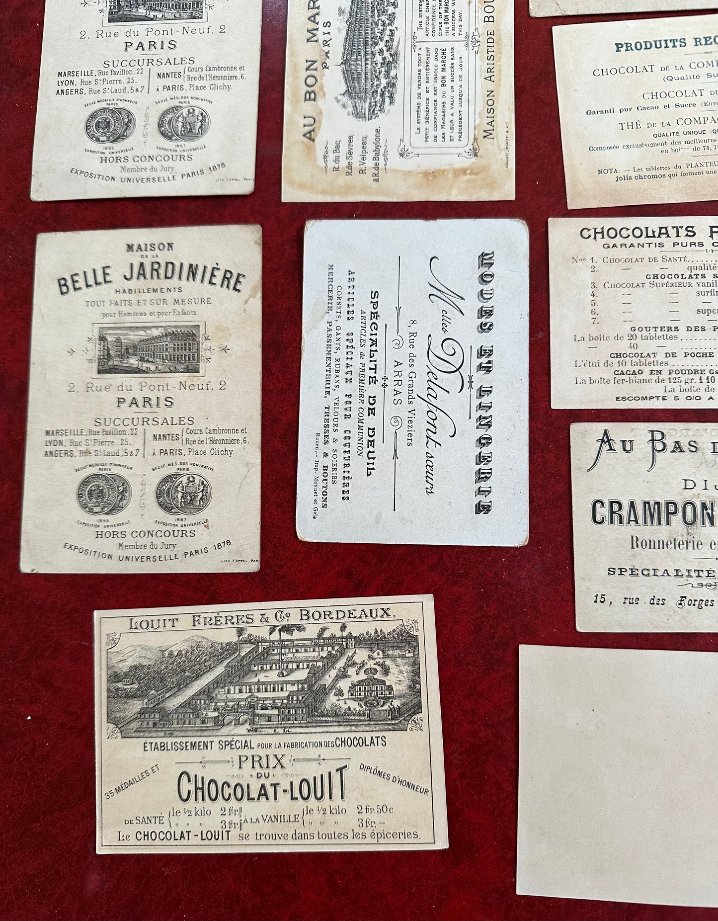 Collection of 17 French trade cards + One large album decoupage cut (1880s-1890s)