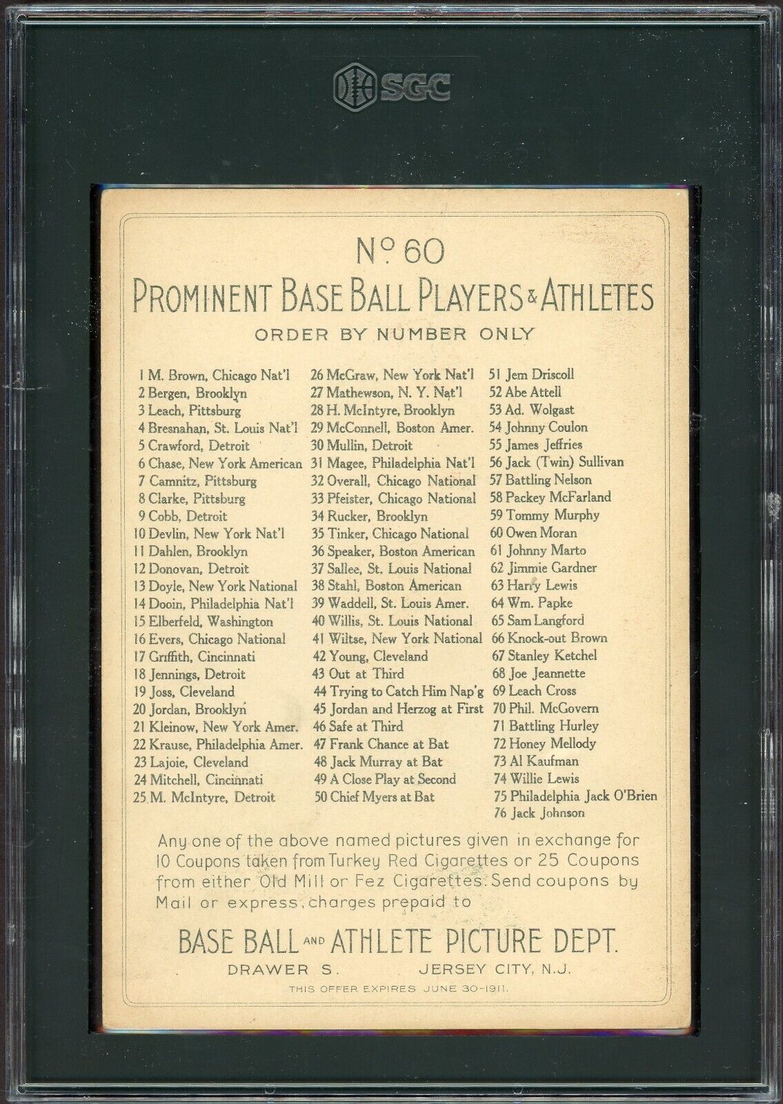 1910 T9 Turkey Red #60 Owen Moran (SGC 5 EX) Chklst Back SHARP