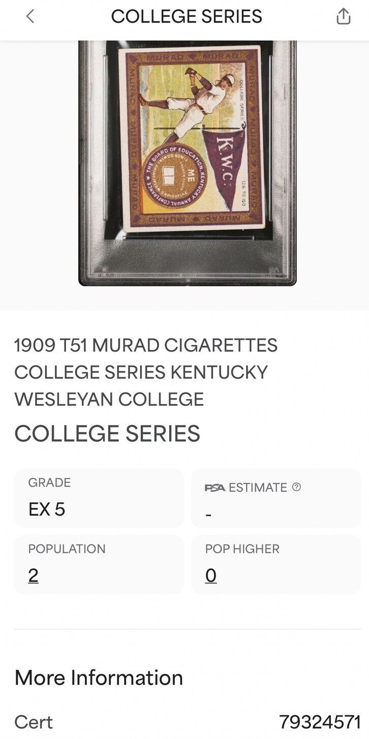 T51 Murad COLLEGE SERIES Kentucky Wesleyan College PSA 5 EX Baseball ZERO HIGHER