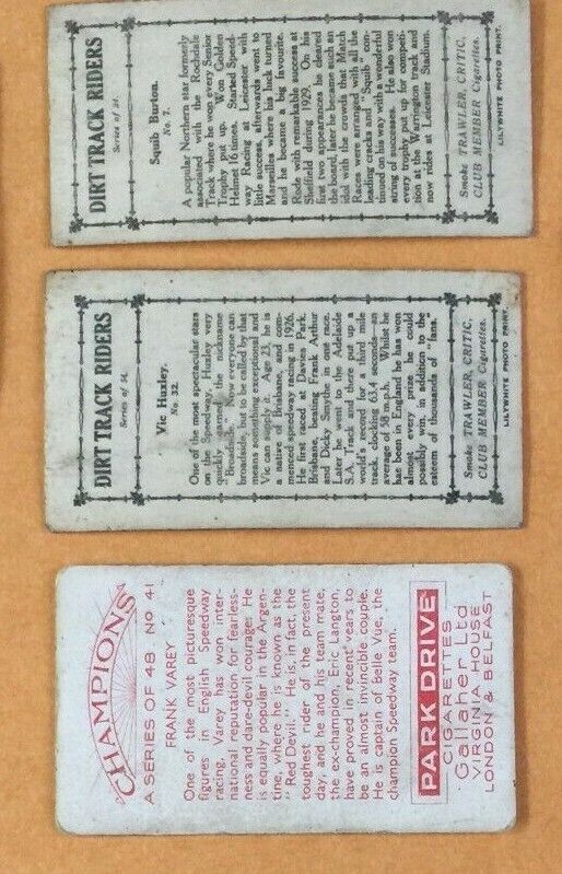 Tobacco Card (Lot of 3) Pattreiouex DIRT TRACK RIDERS 7,32 & Gallagher Champions