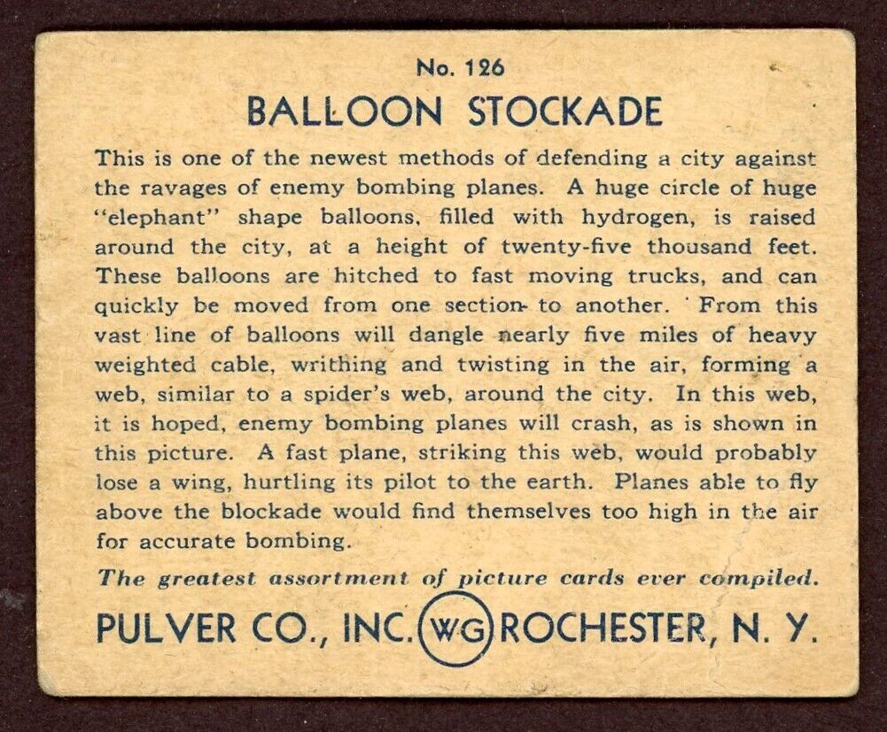 1935 R108 Pulver Pictures GUM CARD #126 Balloon Stockade (G/VG)