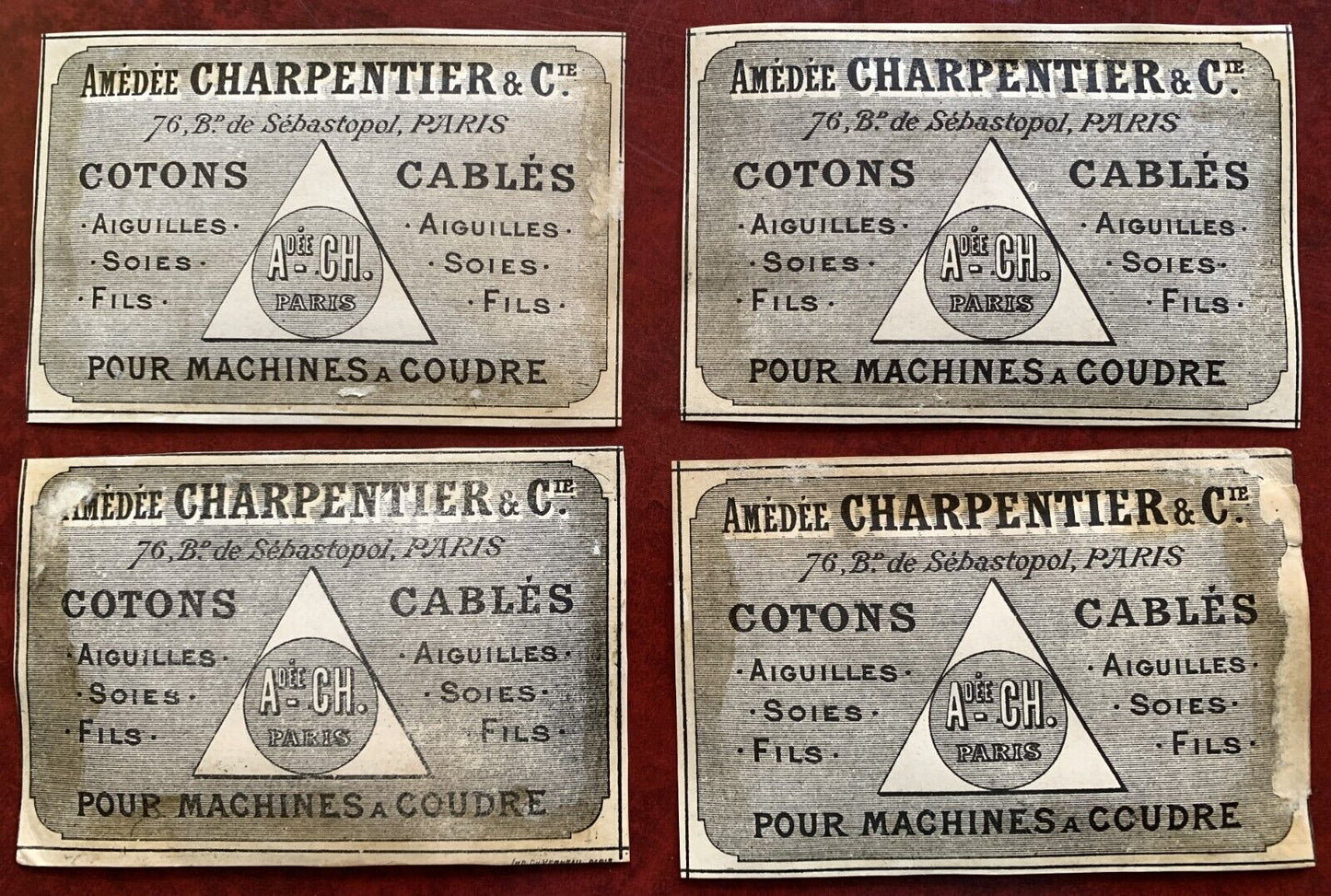 Trade Card (Lot Of 4) Advertising Charpentier Thread French w/ Dog, Cat, Turkey