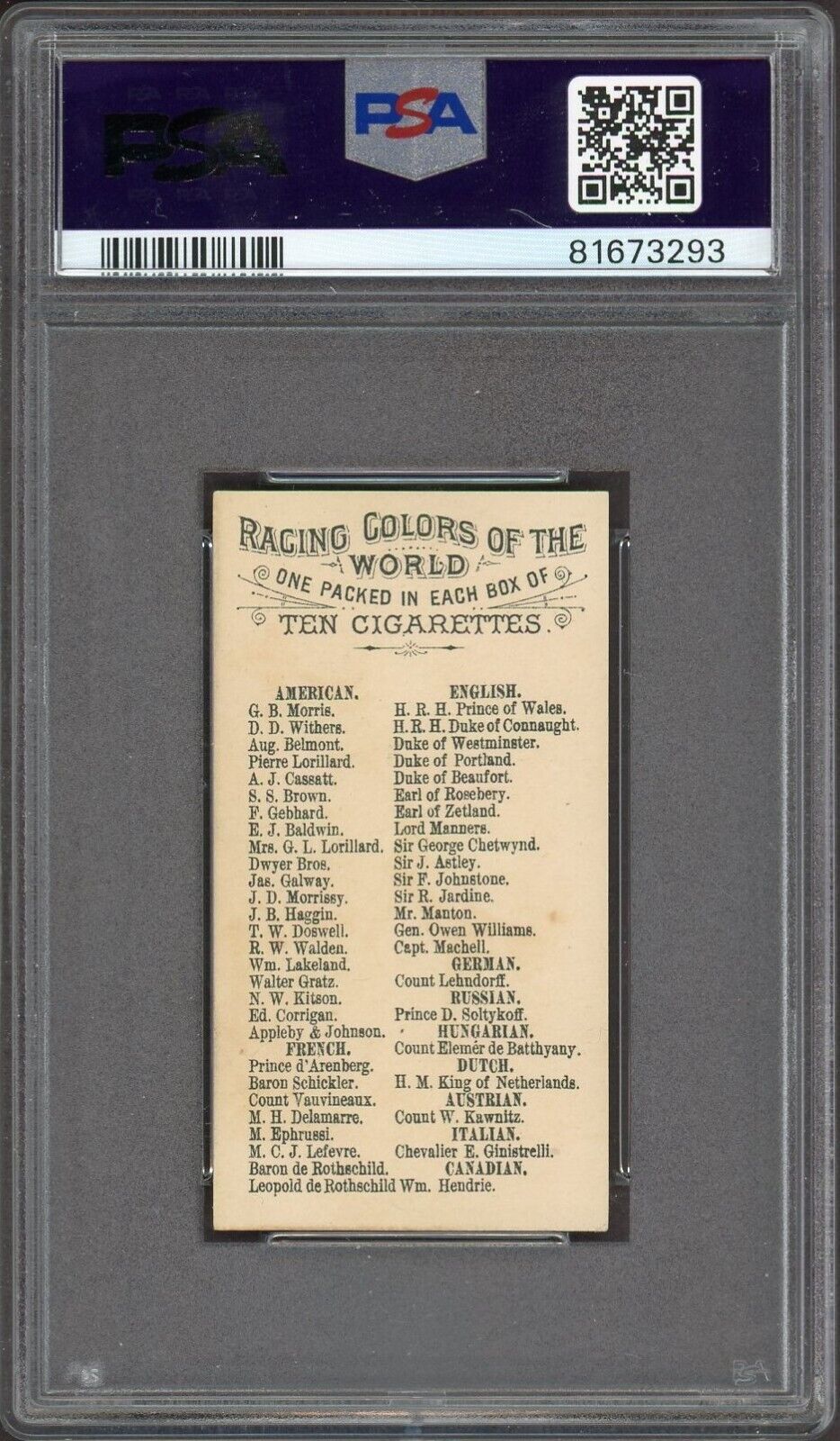 1888 N22 Allen & Ginter Racing Colors LORD MANNERS (PSA 5 EX)
