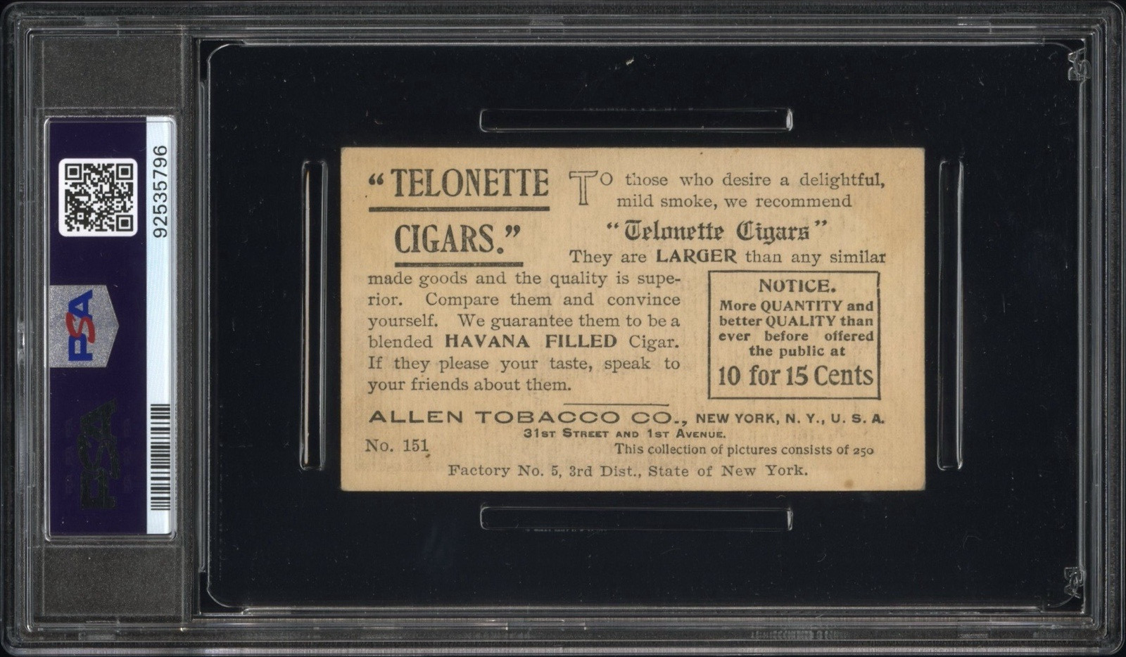 1903 T116 Allen Tobacco Telonette Cigars #151 Columbia College (PSA 5 EX)1