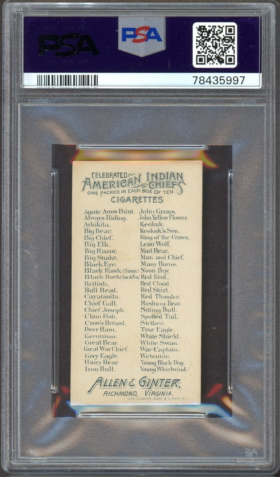 1888 N2 Allen & Ginter American Indian Chiefs BLACK HAWK (PSA  5 EX)1