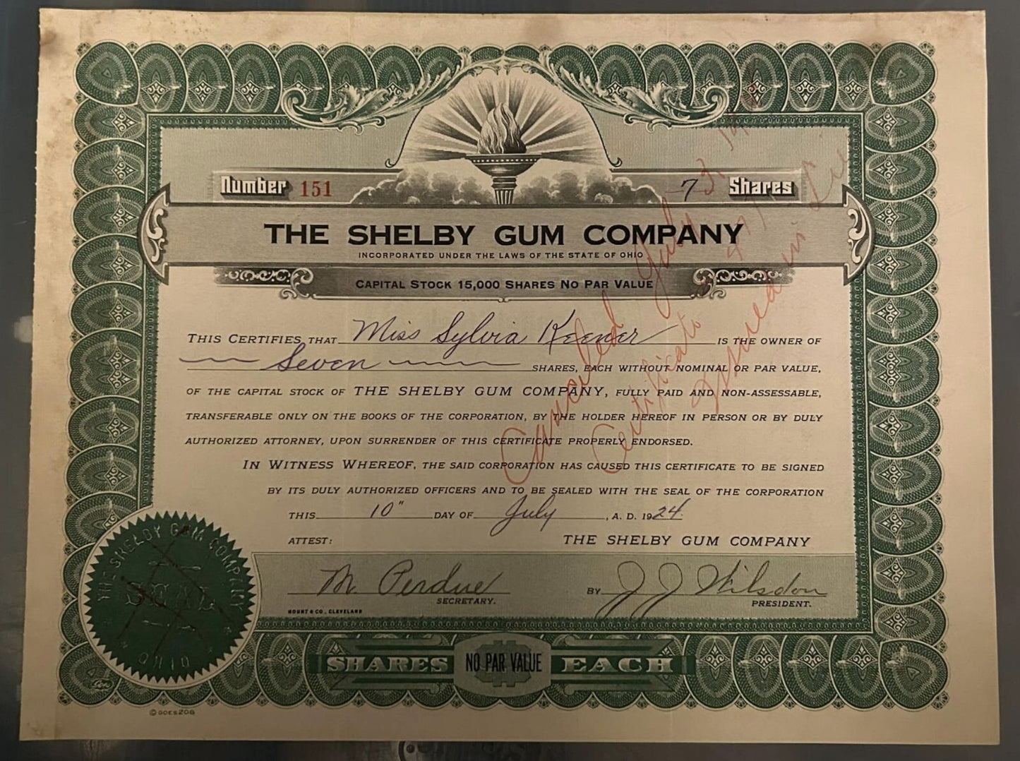 Shelby Gum Company 1924 Stock Certificate, Letterhead, Checks0