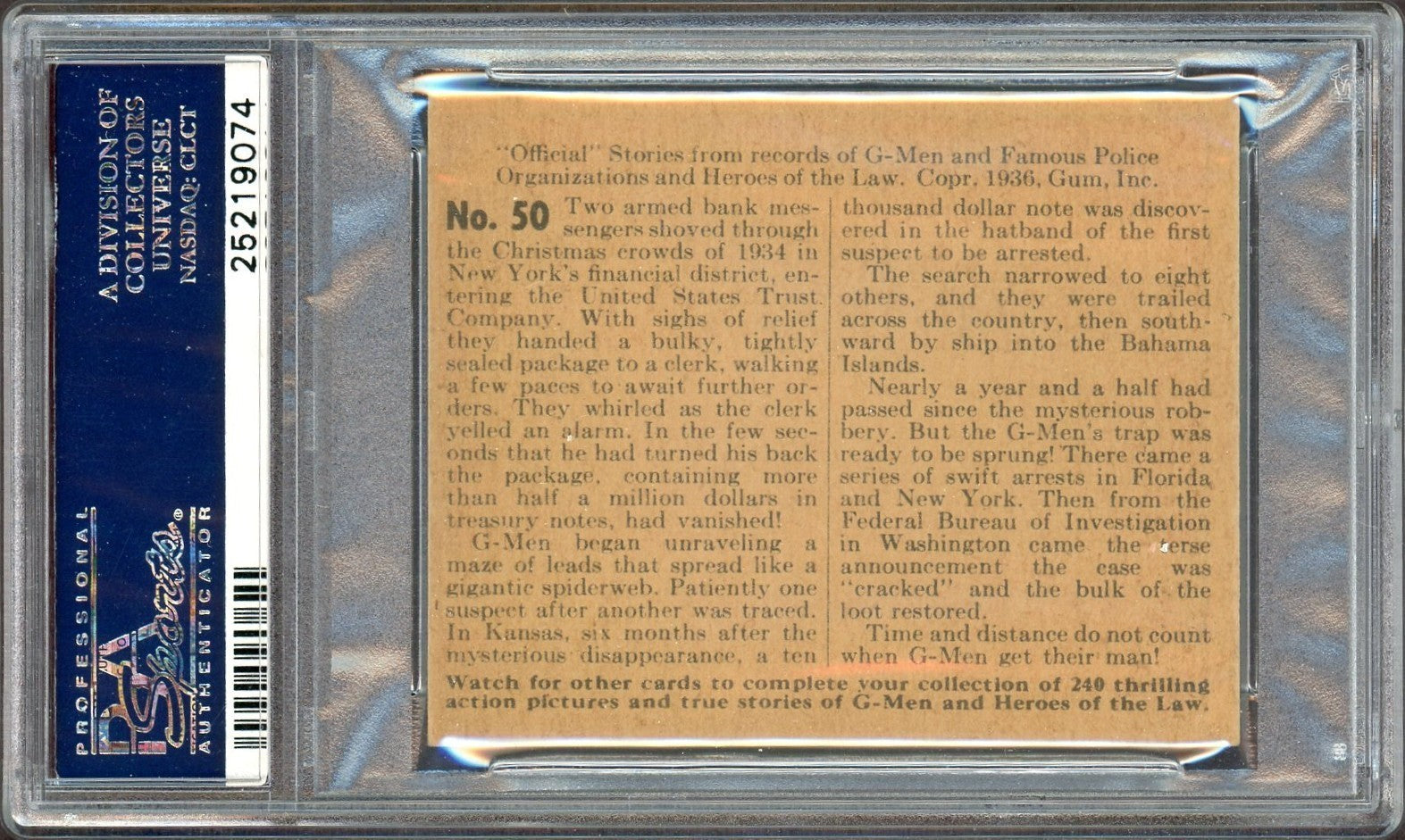 1936 Gum G Men & Heroes of the Law #50 Trail of the Mystery Bonds (PSA 5 EX)1