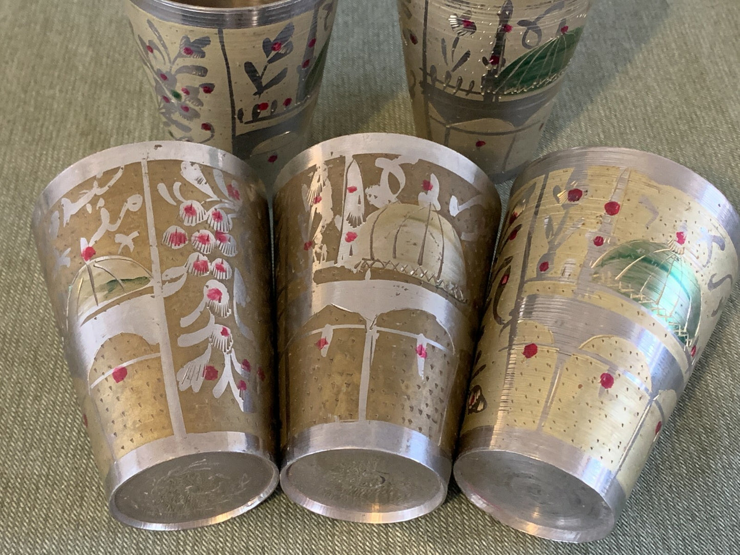 Antique/Vintage (Set of 5) Silver Plated Brass Indian Islamic Etched Lassi Cups1
