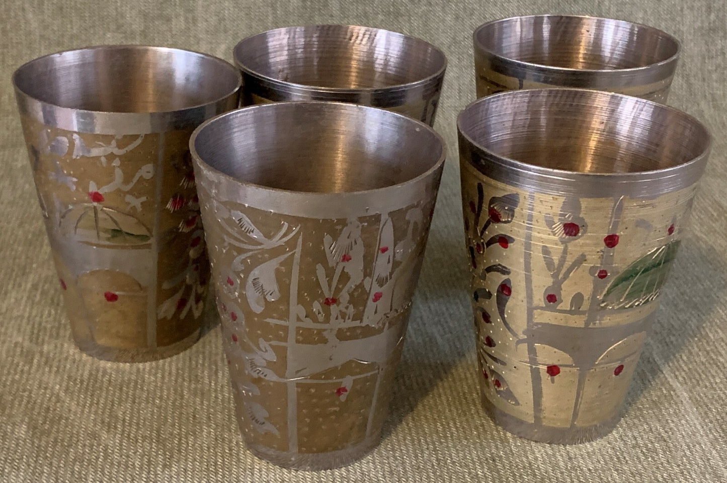 Antique/Vintage (Set of 5) Silver Plated Brass Indian Islamic Etched Lassi Cups0