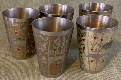 Antique/Vintage (Set of 5) Silver Plated Brass Indian Islamic Etched Lassi Cups0
