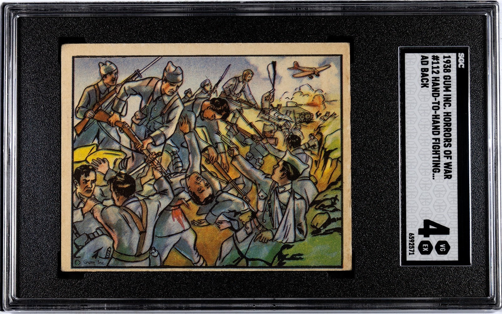 1938 HORRORS OF WAR Gum Card #112 Advertising Back MACHINE OVERPRINT SGC 4 VG/EX0