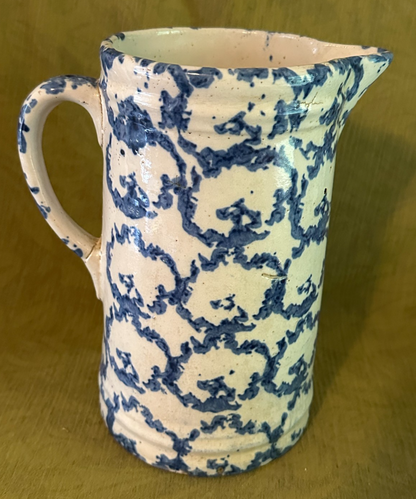 Antique Blue & White Stoneware Strong Example: CHAINLINK Spongeware Pitcher3