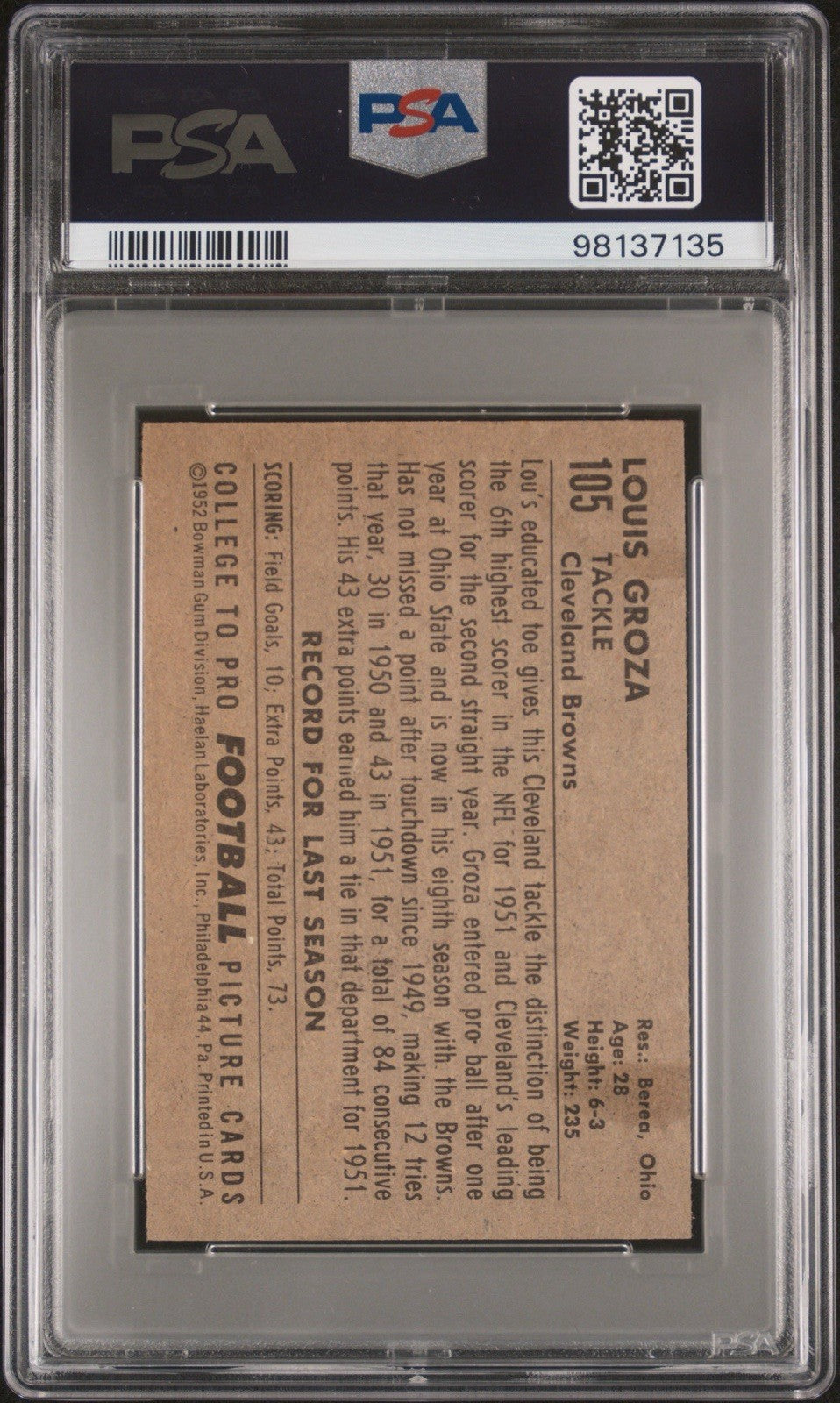 1952 Bowman Small Football #105 Lou Groza Browns HOF Ohio St (PSA 5 EX)1