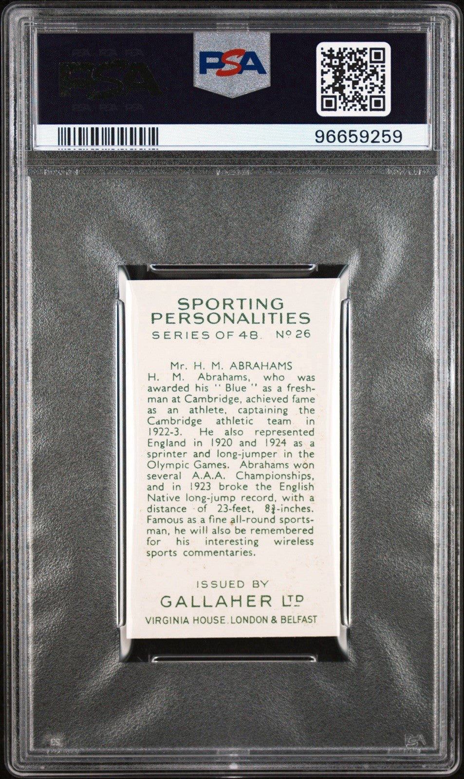 1936 Gallaher Sporting Personalities #26 H.M. Abrahams (PSA 6 EX/MT)1