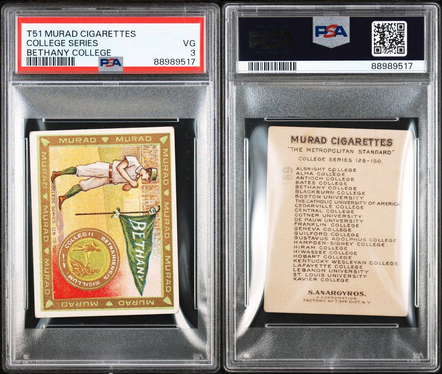 1909 T51 MURAD COLLEGE SERIES Bethany College (PSA 3 VG) Baseball2