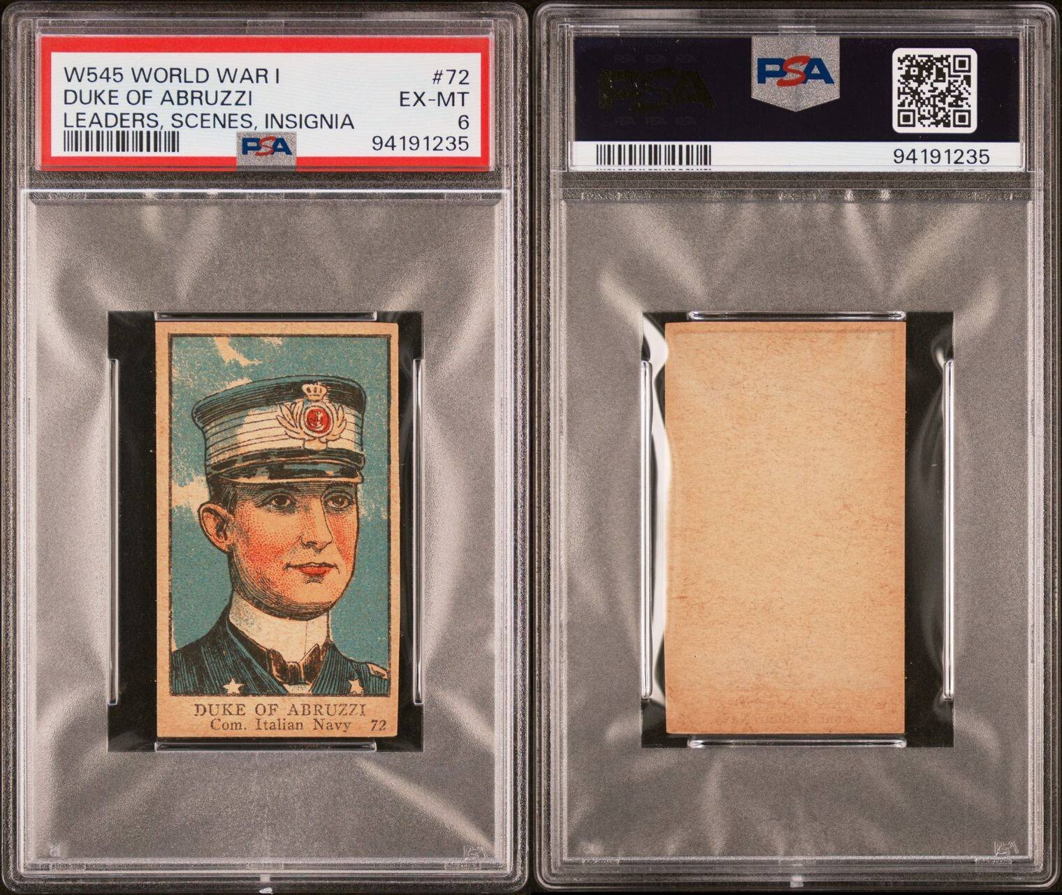 1920s W545 WORLD WAR I LEADERS, SCENES, INSIGNIA #72 Duke of Abruzzi PSA 6 EX/MT3