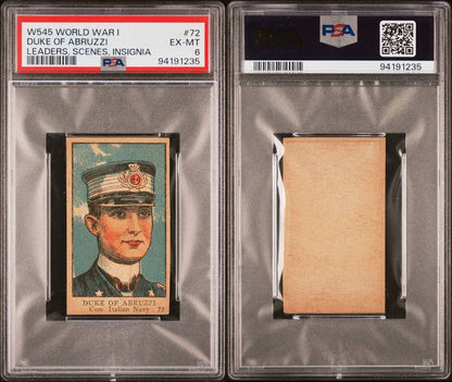 1920s W545 WORLD WAR I LEADERS, SCENES, INSIGNIA #72 Duke of Abruzzi PSA 6 EX/MT3