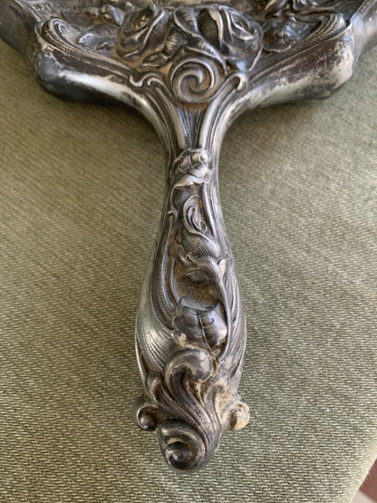 Vintage Victorian Art Nouveau Style Silverplate HAND MIRROR Repousse w/ Mandolin6