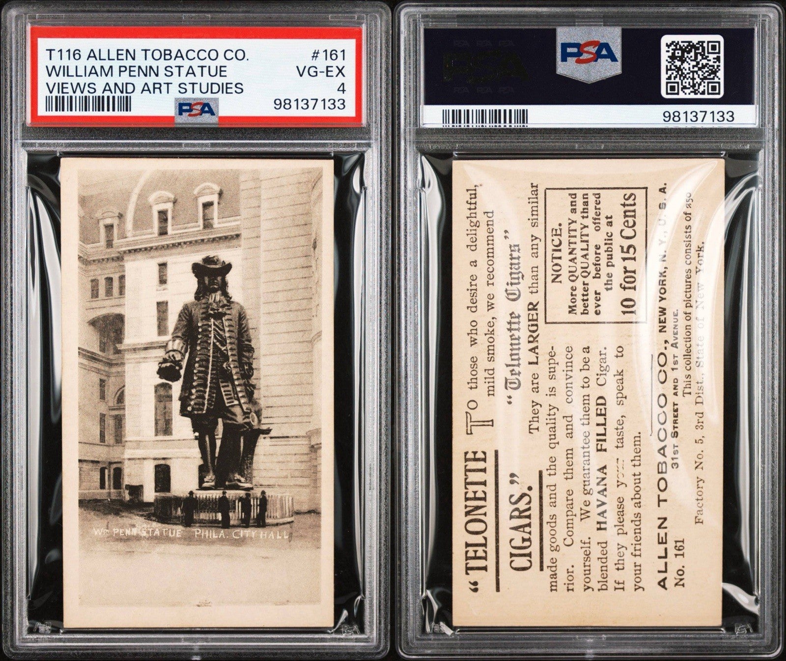1903 T116 Allen Tobacco Telonette Art Studies #161 WILLIAM PENN (PSA 4 VG/EX)2