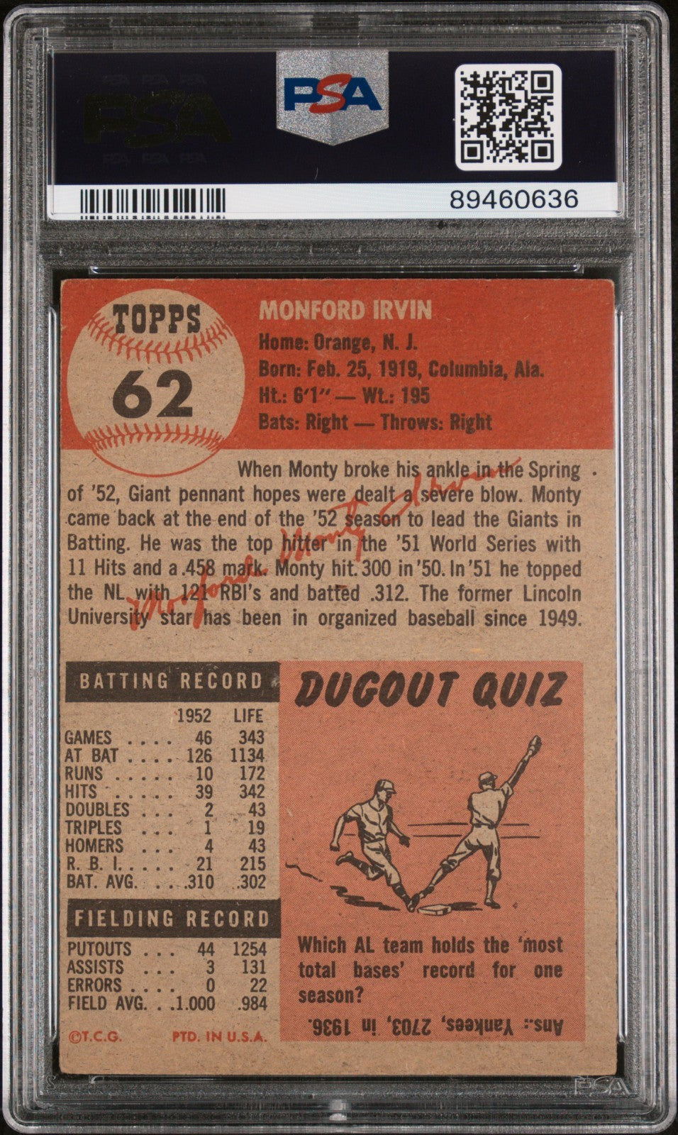 1953 Topps #62 Monte Irvin (PSA 4 VG/EX) New York Giants HOF1