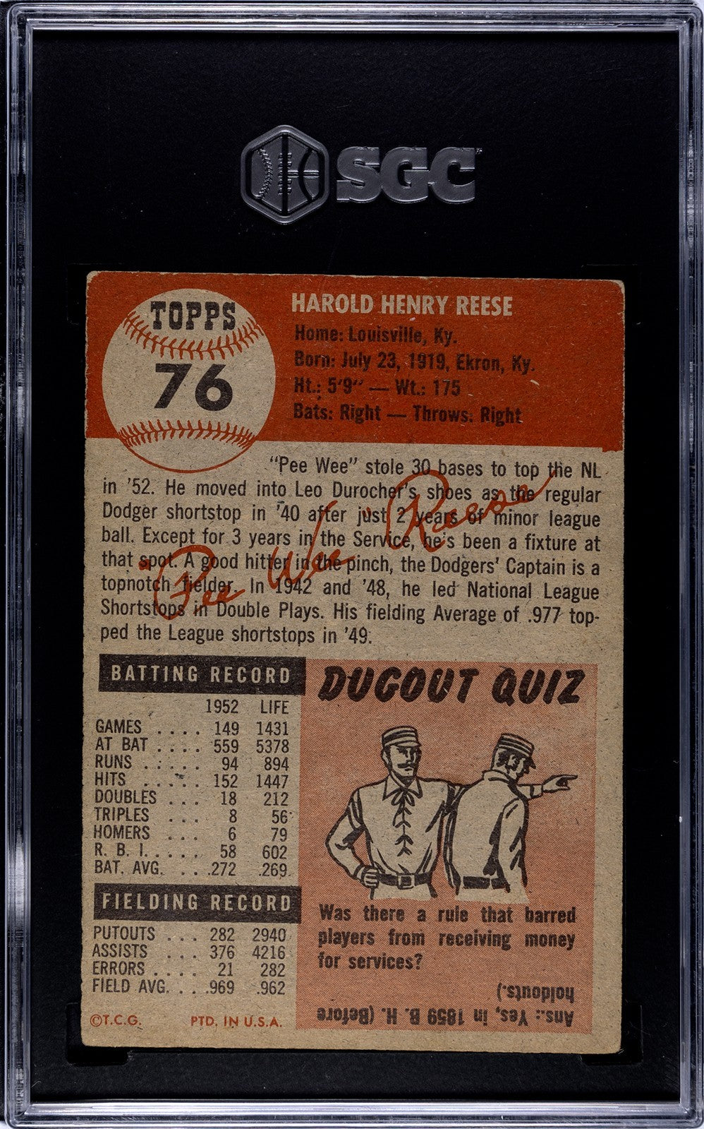 1953 TOPPS #76 Pee Wee Reese (SGC 3 VG) Brooklyn Dodgers1
