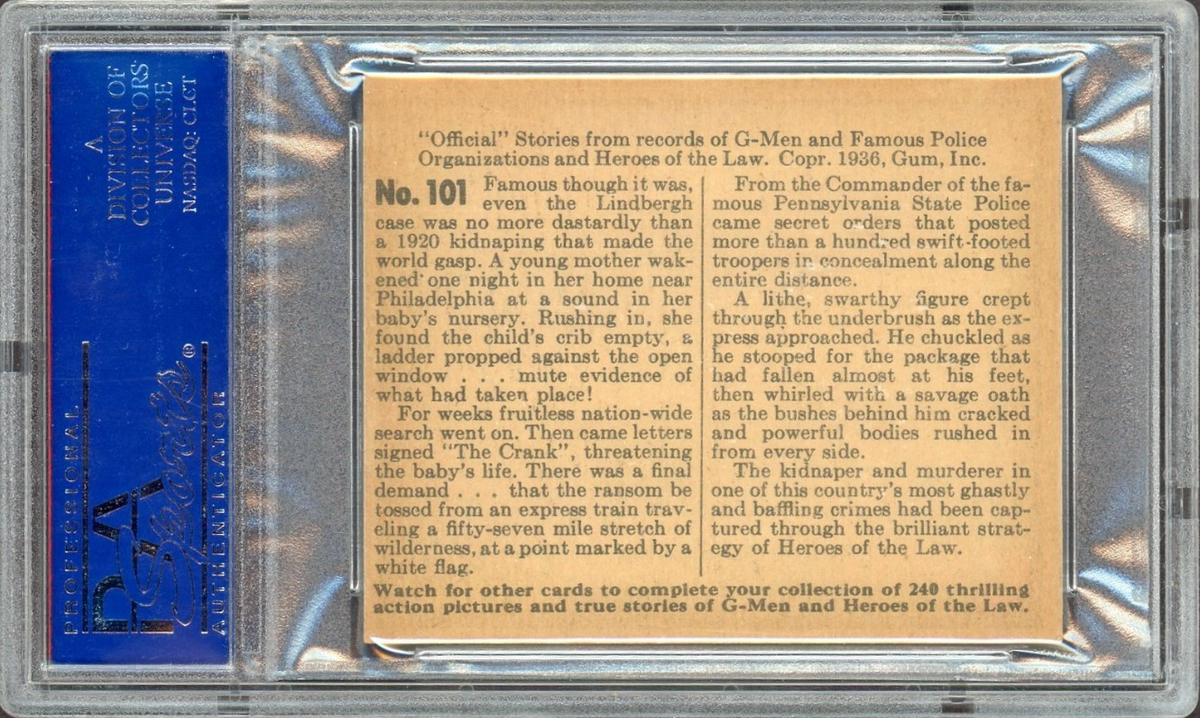 1936 Gum G-Men & Heroes of the Law #101 The Capture of "The Crank" (PSA 7 NM)1