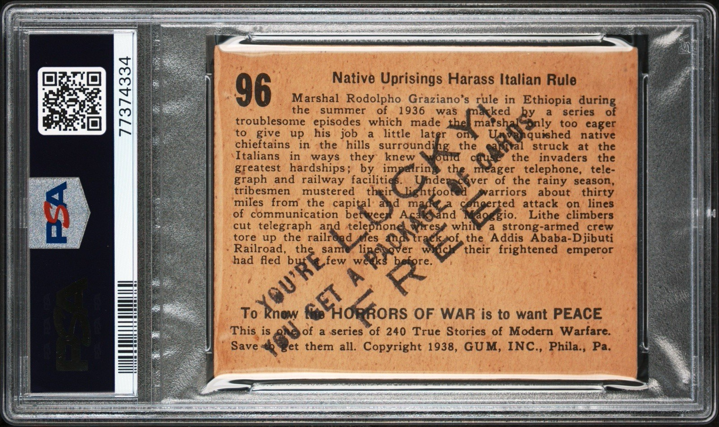 1938 HORRORS OF WAR Gum, Inc. #96 Advertising "You're Lucky" Prize (PSA 4 VG/EX)1
