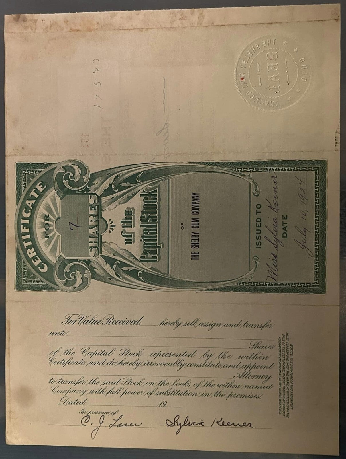 Shelby Gum Company 1924 Stock Certificate, Letterhead, Checks9
