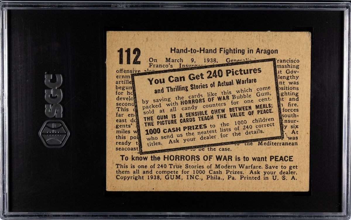 1938 HORRORS OF WAR Gum Card #112 Advertising Back MACHINE OVERPRINT SGC 4 VG/EX1
