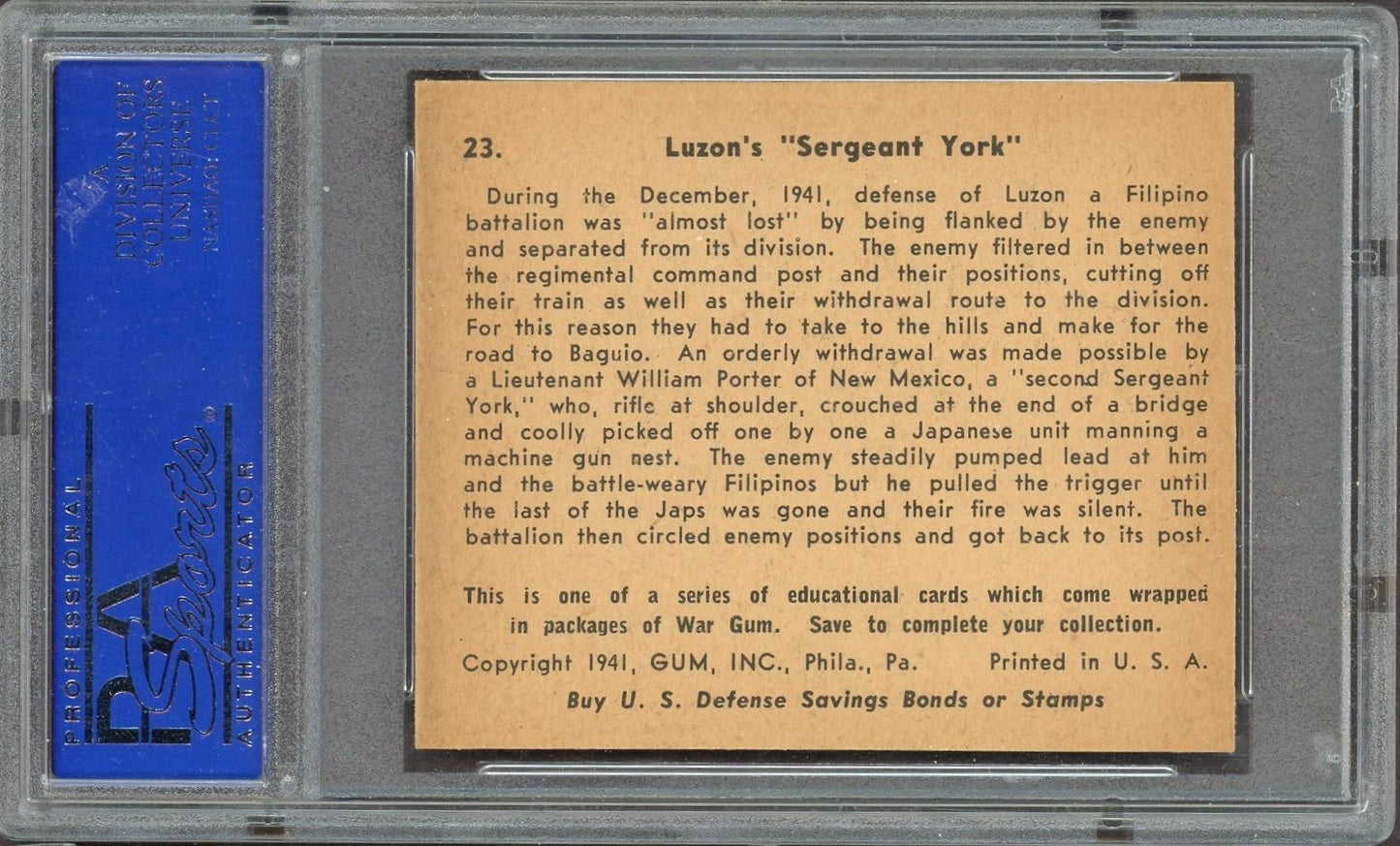 1941 Gum, Inc. R164 War Gum #23 (PSA 8 NM/M) Luzon's Sgt. York (Medal of Honor)1