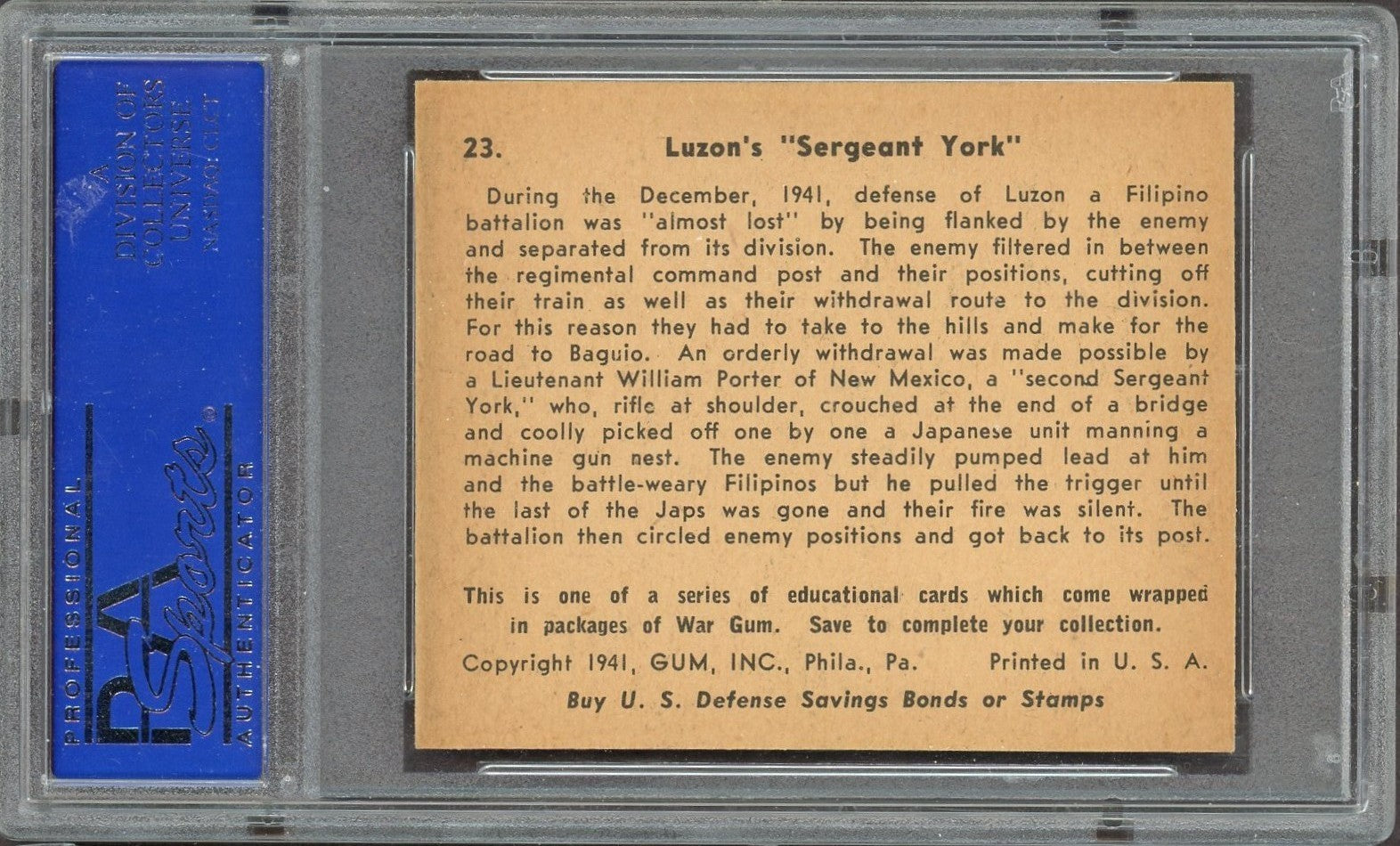 1941 Gum, Inc. R164 War Gum #23 (PSA 8 NM/M) Luzon's Sgt. York (Medal of Honor)1